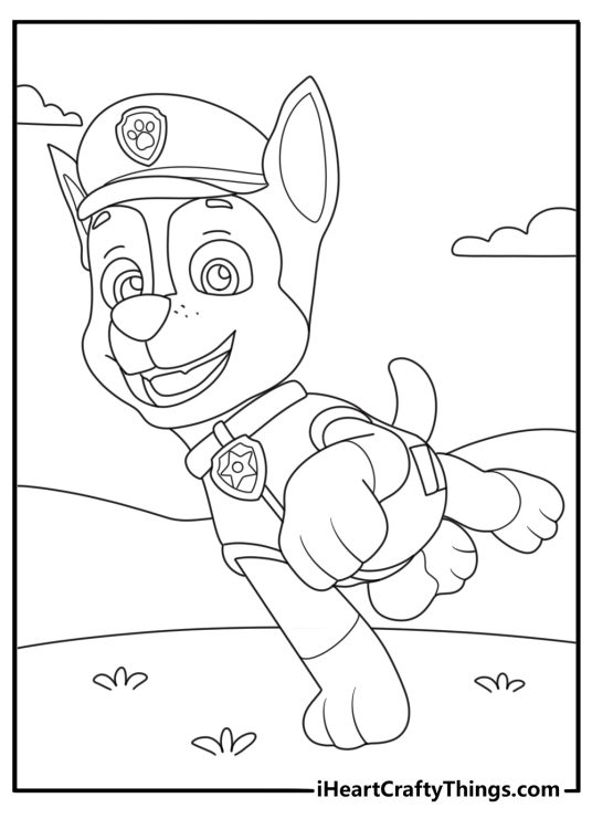 Coloring image for kids featuring Chase from Paw Patrol geared up for a rescue mission