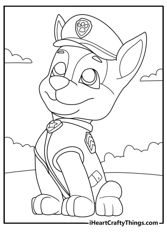 Coloring image for kids featuring Chase from the Paw Patrol posing proudly outdoors