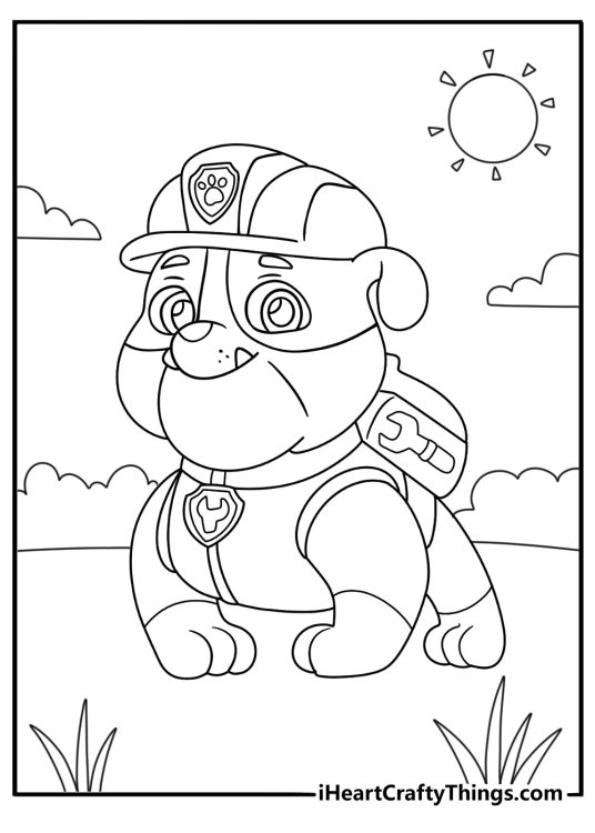Coloring page featuring a nice outdoor scene with the lovable Rubble from Paw Patrol