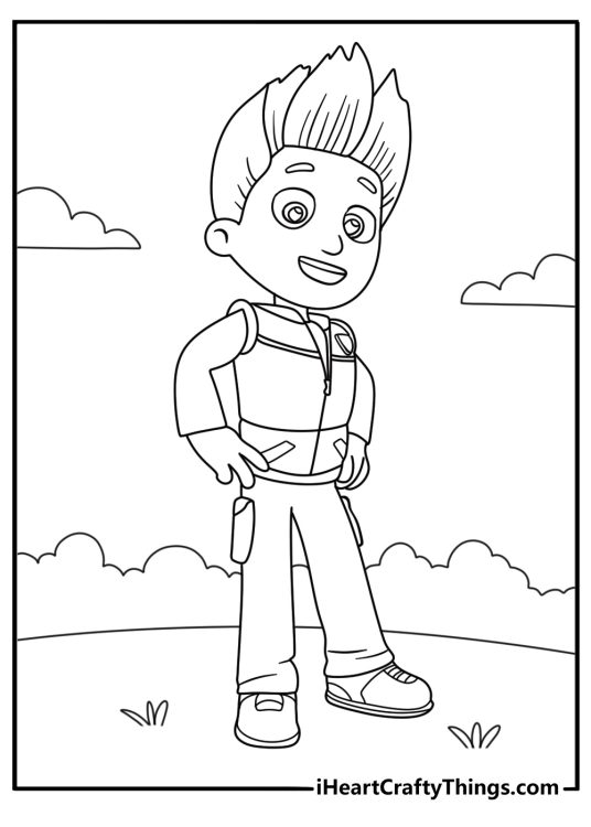 Coloring page for kids of a Ryder from Paw Patrol posing proudly with hands on his hips