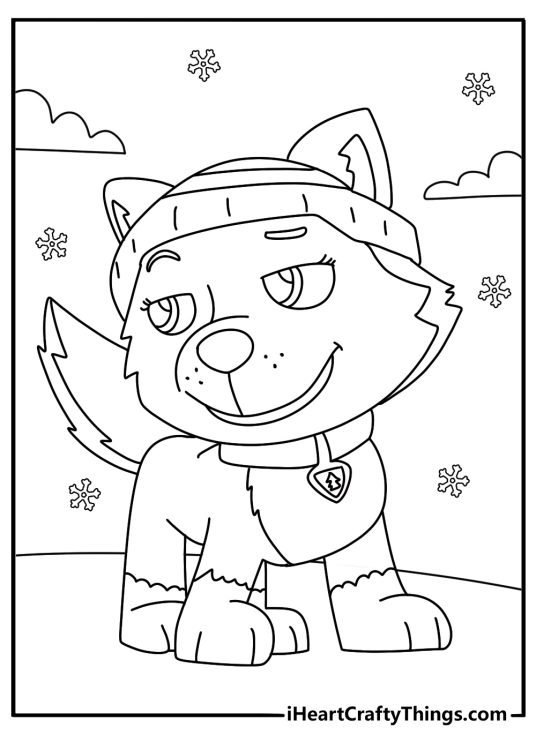 Coloring picture for kids featuring cheerful Everest from Paw Patrol surrounded with clouds and snowflakes