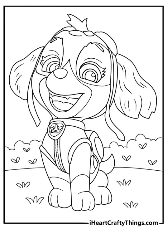 Coloring printable of a cute Skye from the Paw Patrol with some bushes behind her
