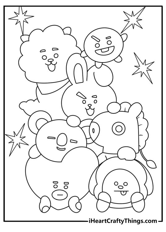 Cute BTS coloring page showing BT21 characters on a shelf