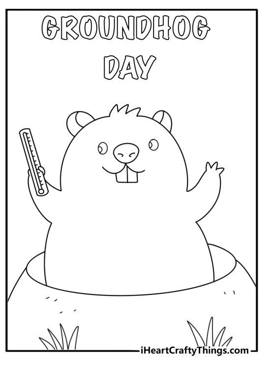 Cute Groundhog Day coloring page showing a groundhog holding a thermometer