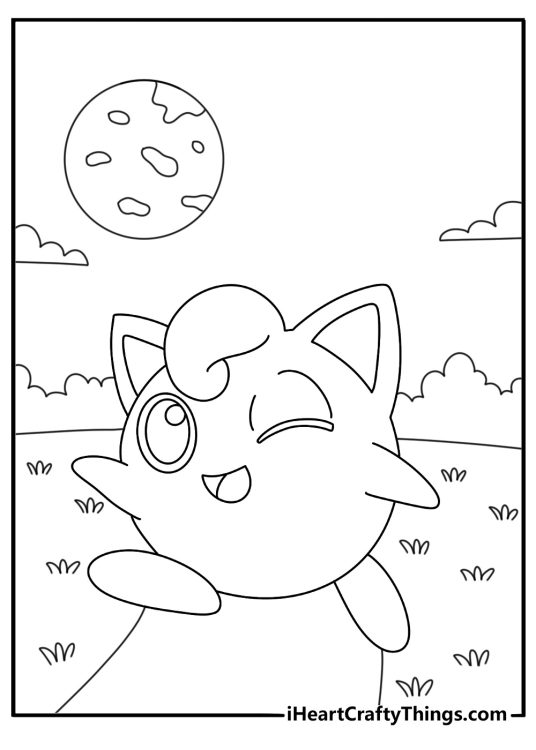 Cute Jigglypuff coloring page with Jigglypuff near a moonlit path