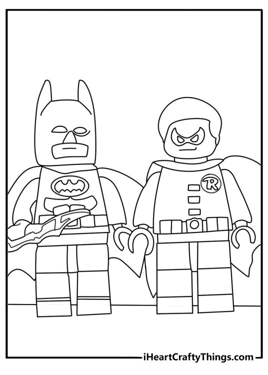 Cute LEGO Batman coloring page with Robin holding a walkie talkie beside Batman