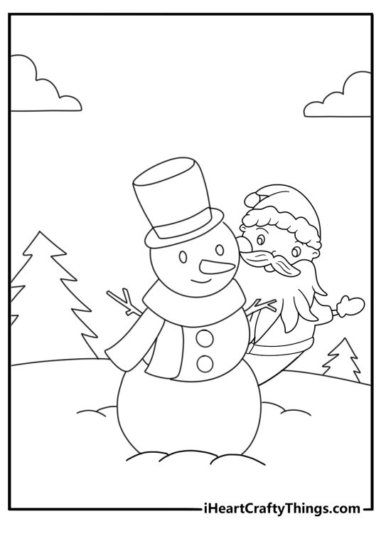 Cute Santa coloring page peeking from behind a snowman for kids