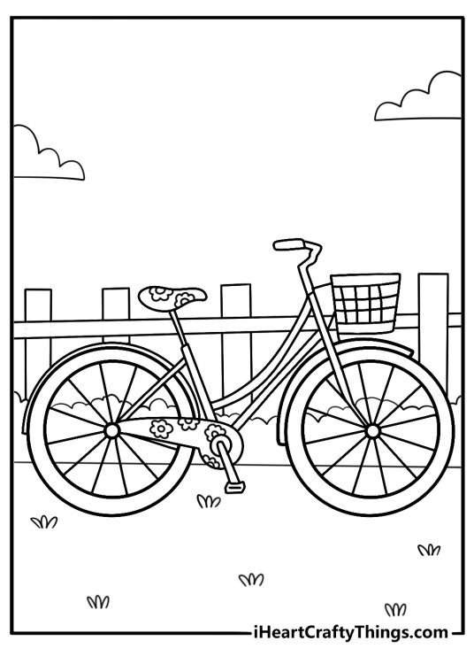 Cute hippie coloring page showing a flower painted bicycle by a fence