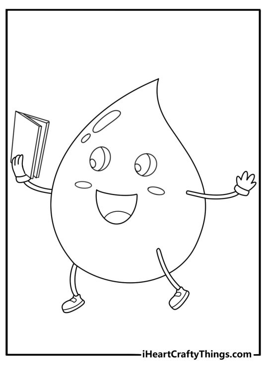 Cute kawaii rain drop character reading a tiny book coloring page