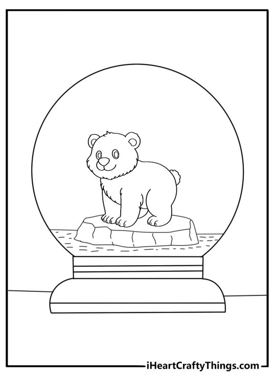 Cute kawaii snow globe coloring sheet with polar bear on small iceberg
