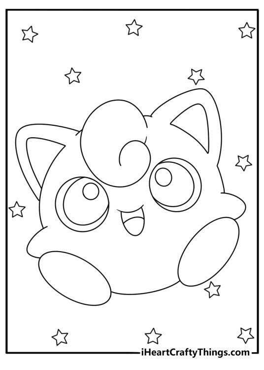 Detailed Jigglypuff coloring page with star patterns around Jigglypuff