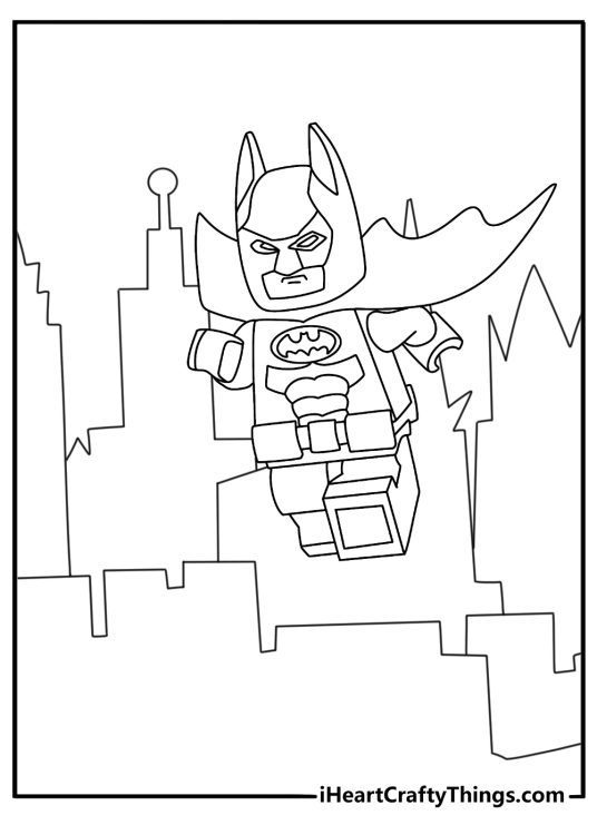Detailed LEGO Batman coloring page with the Batwing flying over Gotham towers