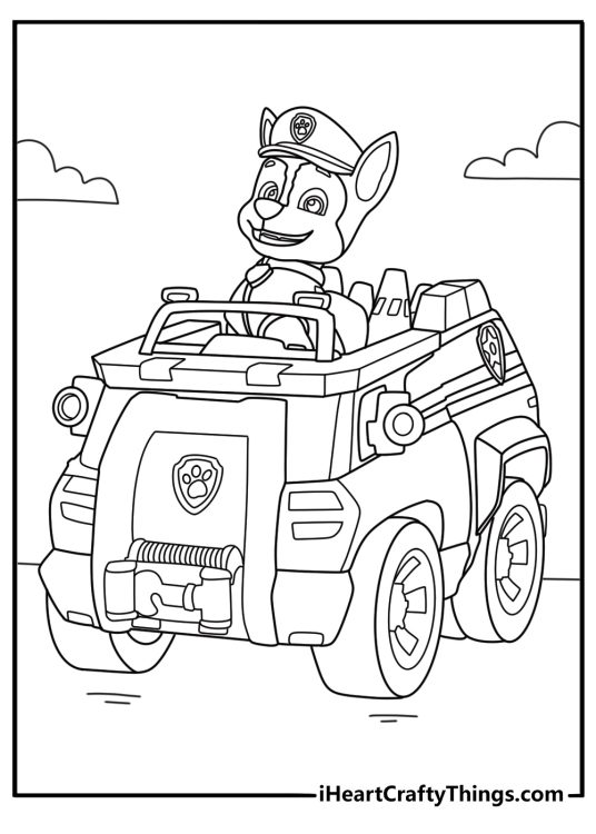 Detailed Paw Patrol coloring page for kids presenting character Chase in his police car