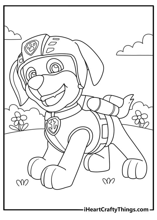 Detailed Paw Patrol themed picture to color presenting Zuma wearing his signature helmet