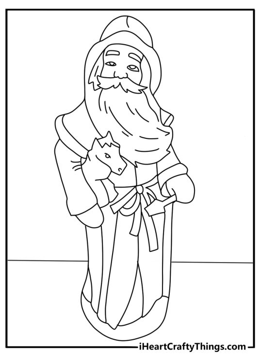 Detailed Santa Claus coloring page carving a wooden rocking horse