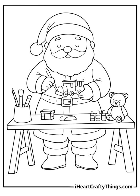 Detailed Santa Claus coloring sheet packing toys on a workbench for kids