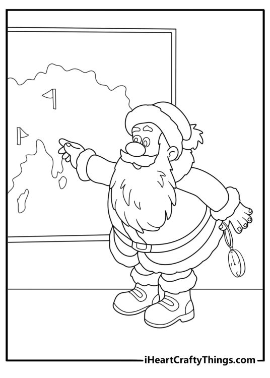 Detailed Santa printable coloring page studying a map with a compass