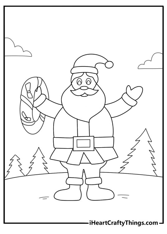 Detailed Santa printable pdf coloring page weaving a wreath of holly