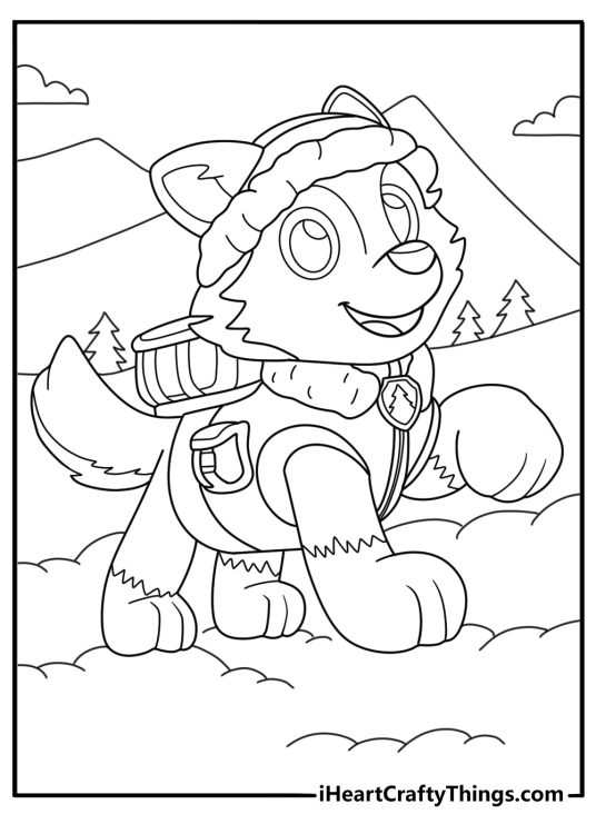 Detailed black and white Paw Patrol poster featuring Everest climbing a snowy mountain