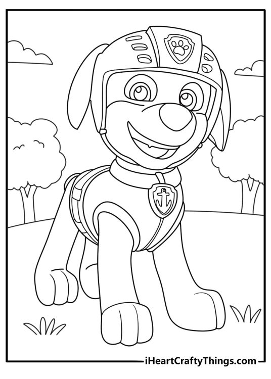 Detailed black and white printable sheet featuring Zuma from the Paw Patrol posing outdoors