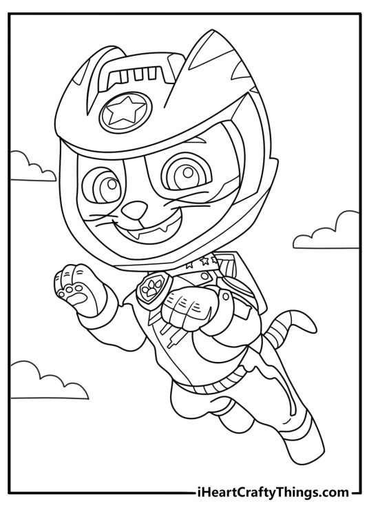 Detailed coloring drawing featuring Paw Patrol character Wild Cat flying with her helmet on
