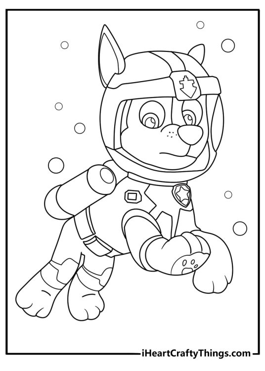 Detailed coloring image for children depicting Chase from Paw Patrol on a mission under water