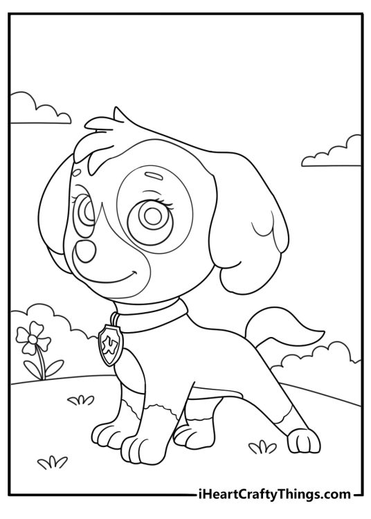 Detailed coloring image presenting Paw Patrol pup posing proudly in his outfit with clouds behind him