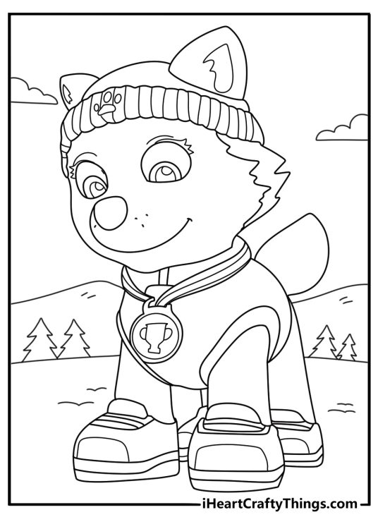 Detailed coloring pdf of an adorable husky Everest from Paw Patrol in her winter outfit