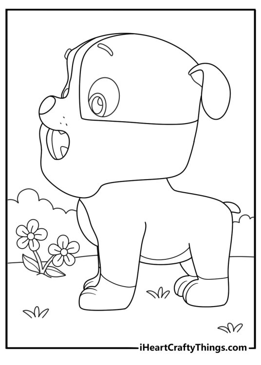 Detailed coloring picture for kids presenting excited Paw Patrol pup standing on its four feet