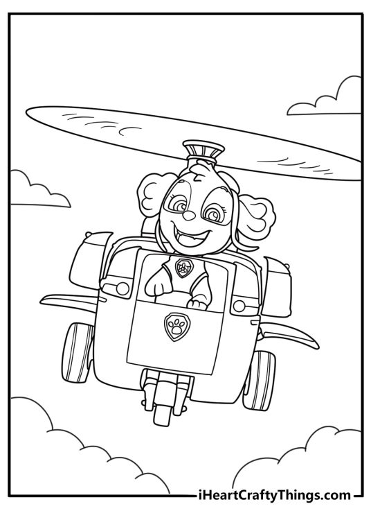 Detailed coloring poster featuring Paw Patrol pup Skye flying high in her helicopter