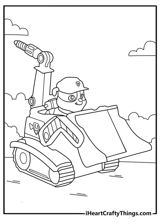 Detailed coloring sheet featuring Paw Patrol character Rubble driving his bulldozer