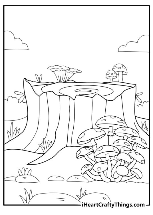 Detailed drawing of mushrooms growing on a tree stump nature coloring page