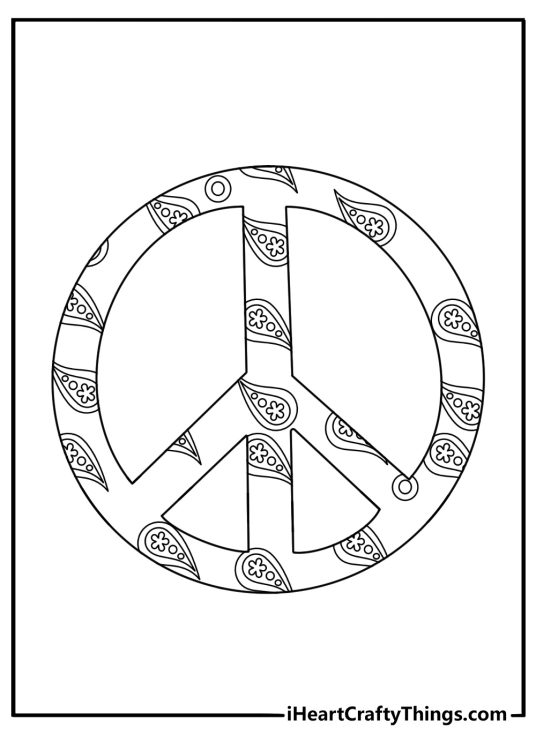 Detailed hippie printable for adults showing paisley patterns inside a peace circle