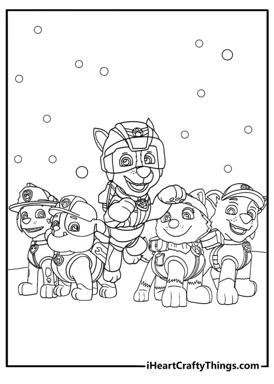 Detailed image to print and color depicting five smiling Paw Patrol pups surrounded with bubbles