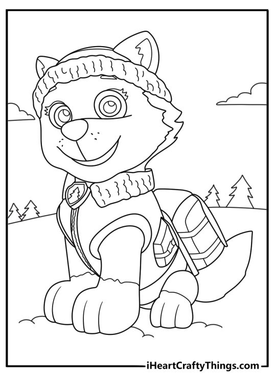 Detailed image to print and color presenting happy husky Everest from Paw Patrol