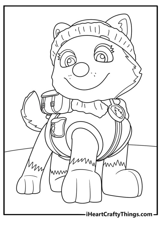 Detailed printable image for kids featuring happy looking Everest from the Paw Patrol