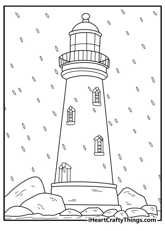 Detailed printable of lighthouse in heavy rain by the sea