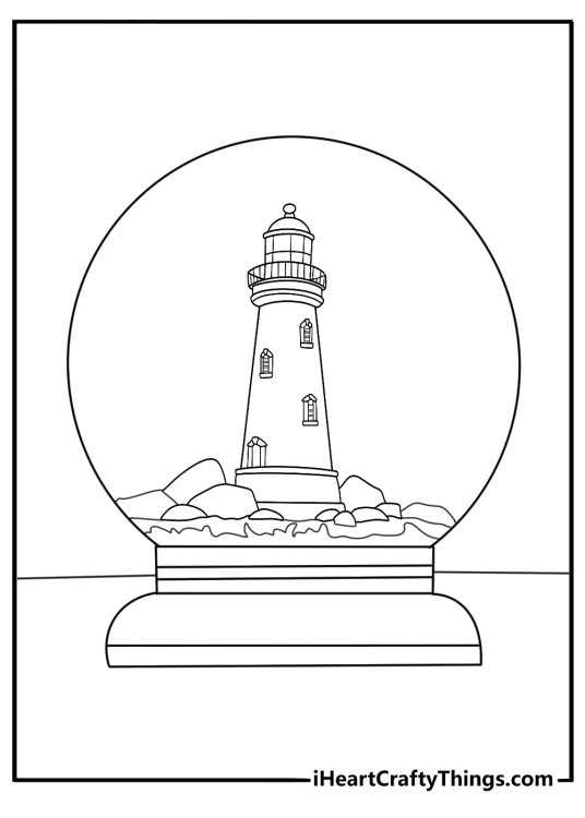 Detailed printable snow globe with lighthouse by rocky shore for adults