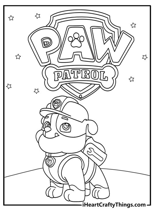 Detailed printable to color presenting Rubble the bulldog looking up at the Paw Patrol logo