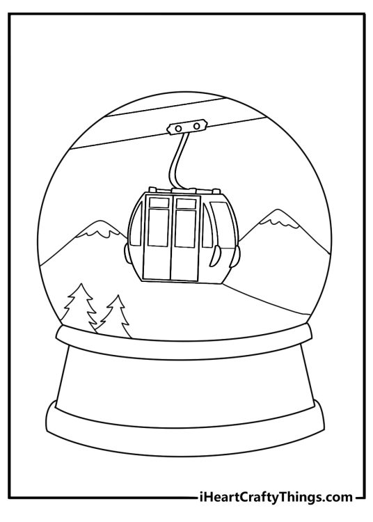 Detailed snow globe coloring sheet with mountain peak and cable car