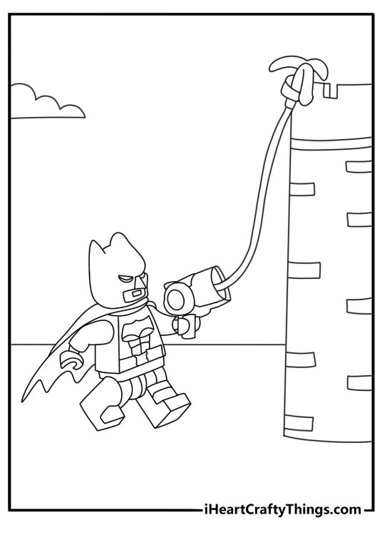 Easy LEGO Batman coloring page with Batman using a grappling hook on a ledge