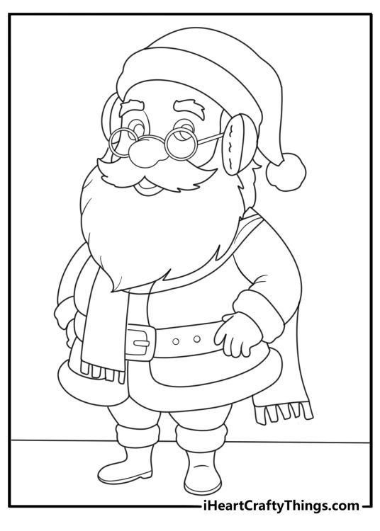 Easy Santa coloring page wearing earmuffs and a long scarf