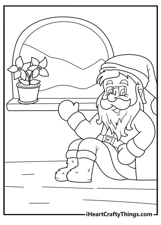 Easy Santa printable pdf coloring page wearing fluffy slippers indoors