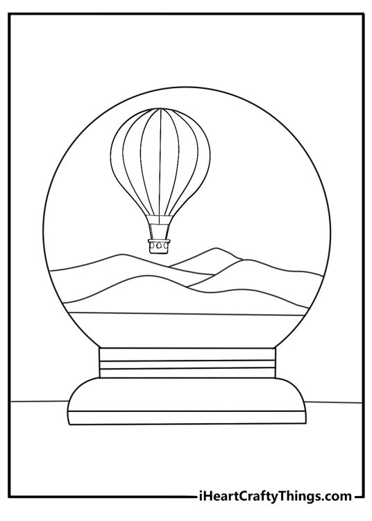 Easy coloring page of snow globe with hot air balloon above hills