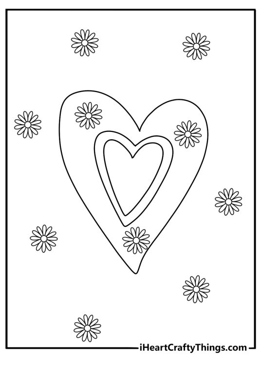Easy hippie coloring sheet with a tie dye heart and small daisies