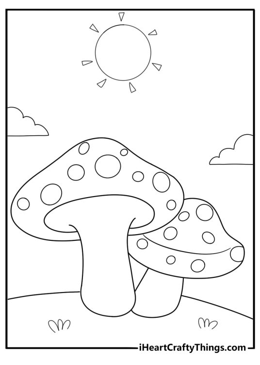 Easy mushroom outline with sun and clouds behind it preschool coloring page