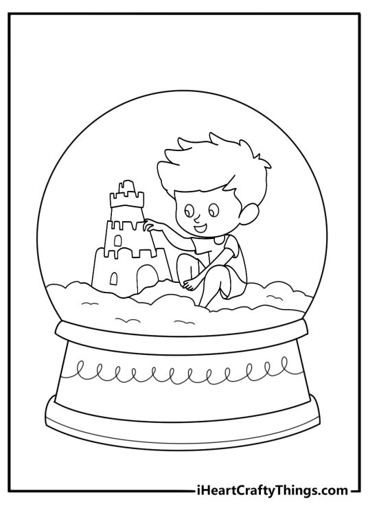 Easy snow globe coloring page with child building sandcastle on beach