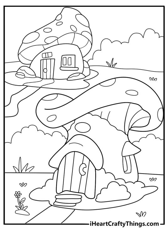 Fantasy mushroom village with multiple mushroom houses detailed kids coloring sheet