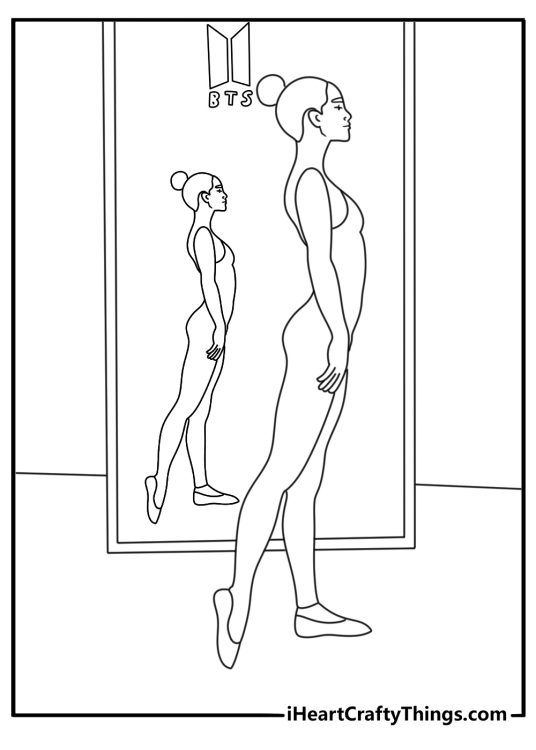 Free BTS coloring pages coloring page featuring a dance practice room with mirrors