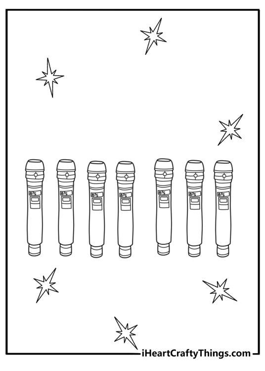 Free BTS printable showing seven microphones lined up on a stage